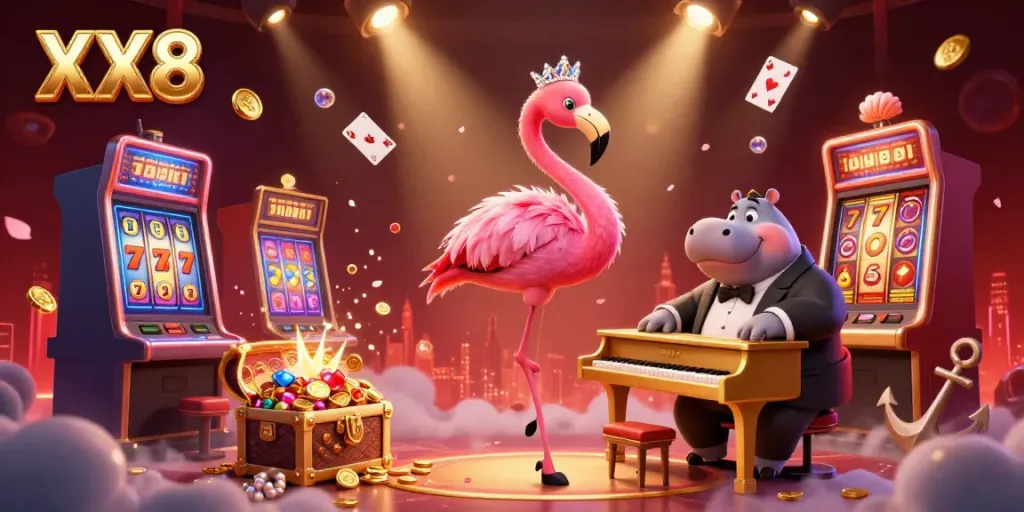 Experience the vibrant energy of XX8's online casino with lively performers, dazzling slot machines, and rich treasures.