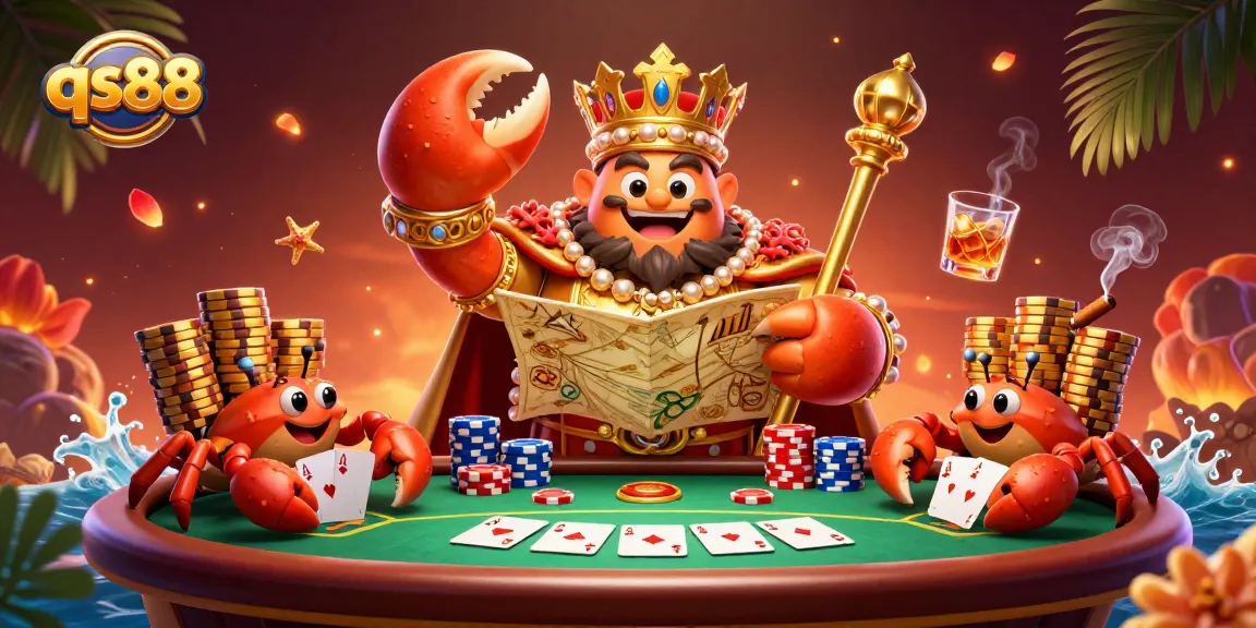 Play exciting games at qs88 with a golden crab emperor and poker elements in a vibrant casino scene