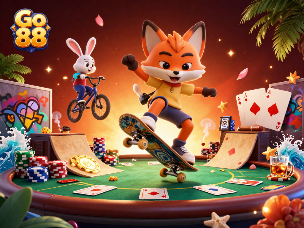 Experience the thrill of Go 88 as vibrant characters perform tricks above golden poker chips.