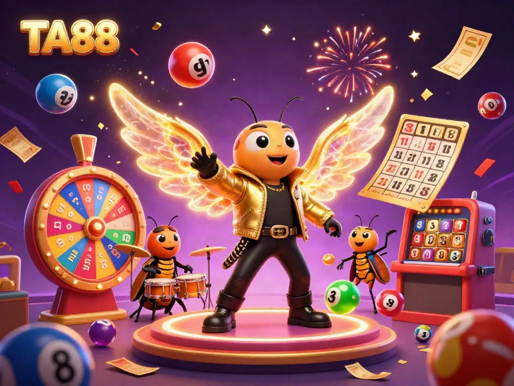 Experience the vibrant TA88 casino world with a dynamic rock star scene bursting with colorful lottery elements and festive energy.