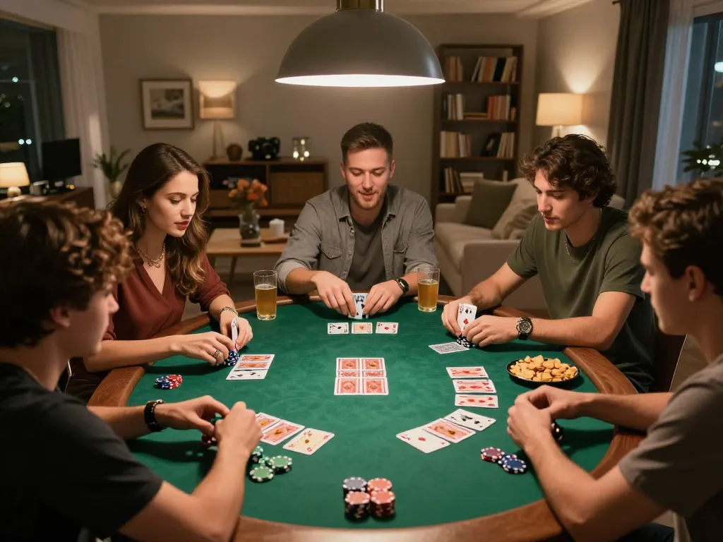 F168 players enjoying a lively poker game night at home with friends, strategic cards spread and chips stacked.
