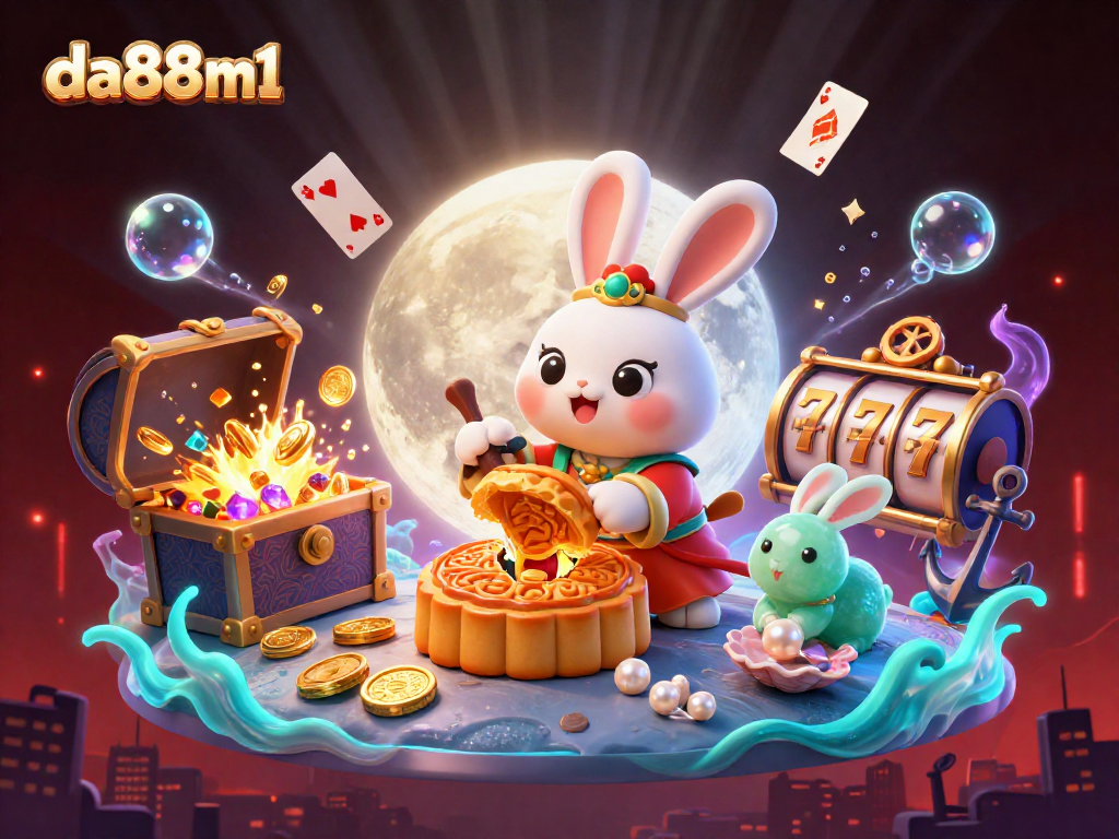Play and win with da88m1 as the moon rabbit reveals poker chips from mooncakes, amid casino-themed visuals.