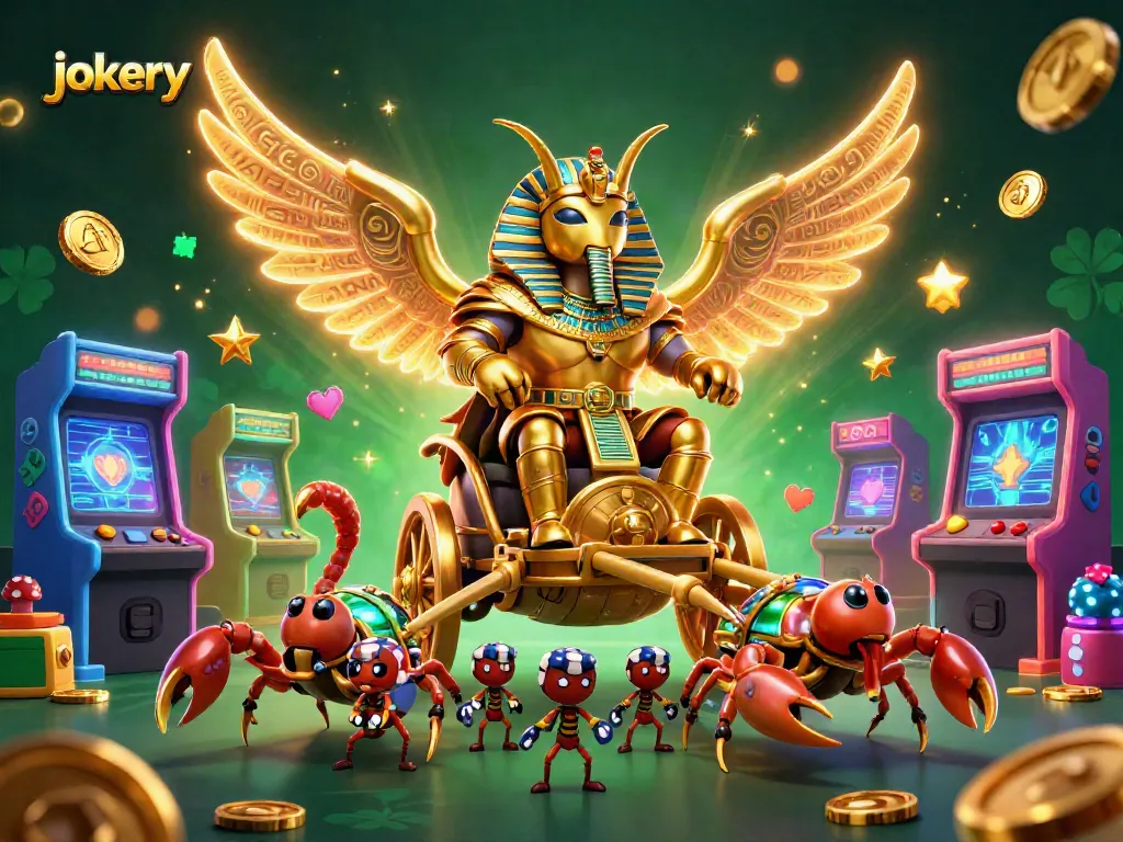Play at Jokery Casino with vibrant scenes featuring a golden beetle and scorpions in an exciting 3D illustration.