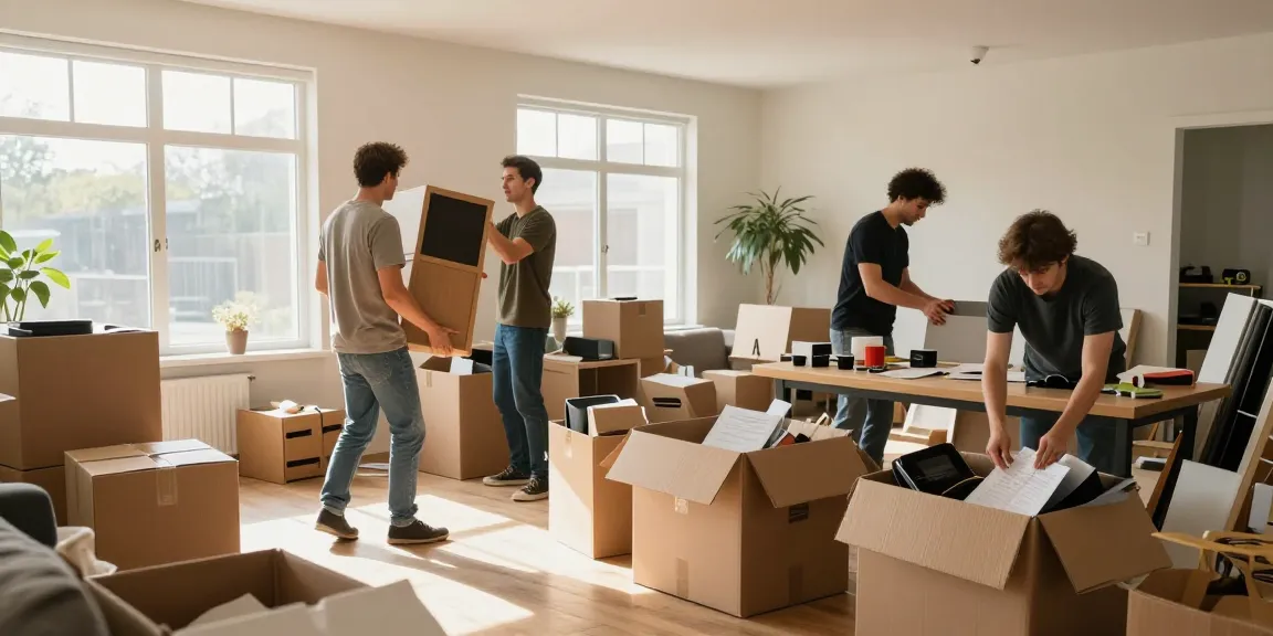 Professionelles Team bei der Wohnungsauflösung Berlin Köpenick, Möbel werden sorgfältig sortiert und in Kartons gepackt.