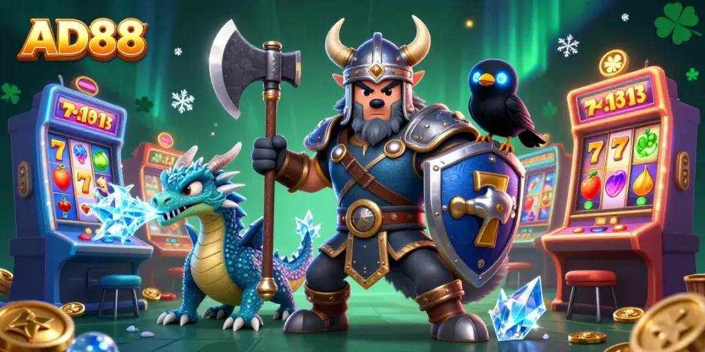 Engage in thrilling slot games with AD88's vibrant characters uplifting the casino experience.