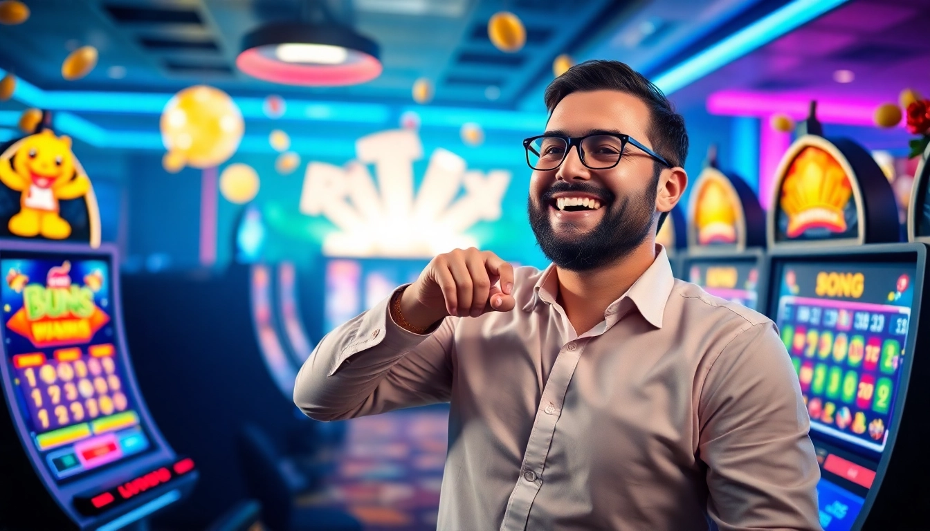 Spiele um Casino Bonus und gewinne groß – feiernde Spieler in einem lebhaften Online-Casino.