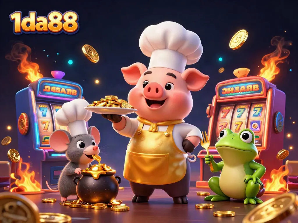 Experience the thrill of 1da88 casino with a chef pig, gold coins, and vibrant slot machines.