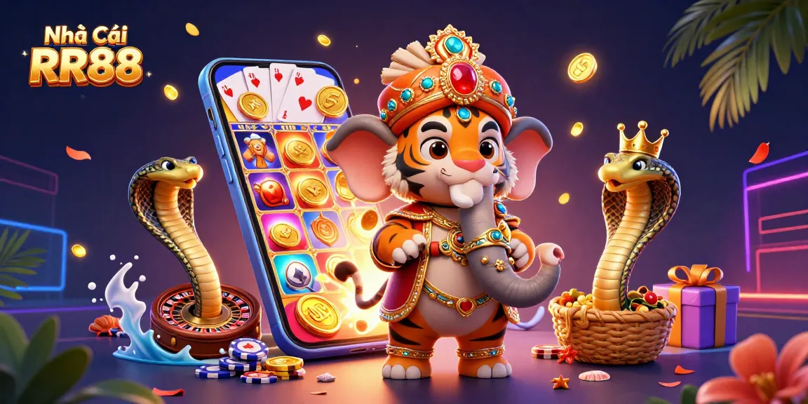 Experience the thrill of gaming at Nhà Cái RR88 with vibrant elements of slots and colorful characters.
