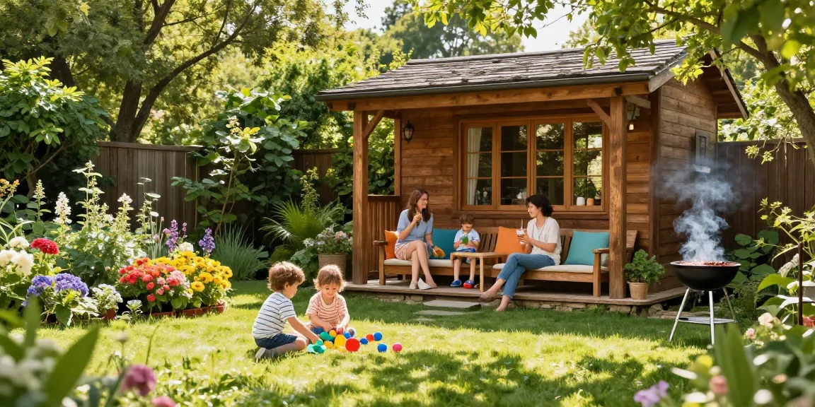 Gemütliches Gartenhaus aus Holz umgeben von üppigem Grün, ideal für Spiel und Entspannung im Freien.