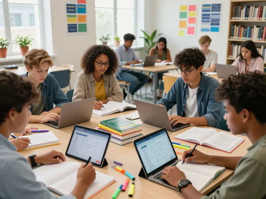 Studierende arbeiten gemeinsam an Hausaufgaben mit Hausaufgaben KI Tools in einer lebhaften Lernumgebung