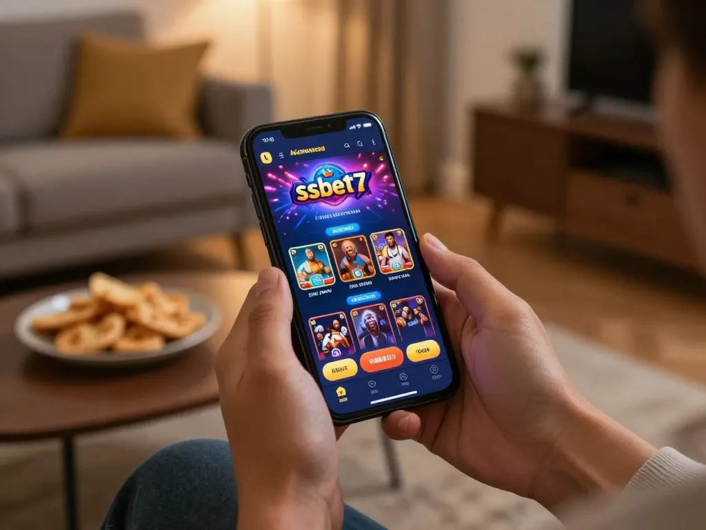 Engaging with ssbet77 on a smartphone in a cozy home setting, capturing excitement in online gaming