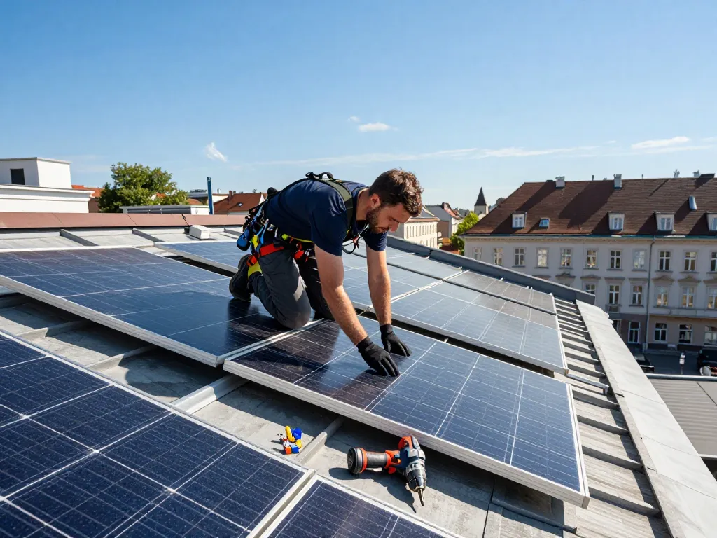 Techniker installiert Photovoltaik Wien Solarpanels auf einem Wohnhausdach.