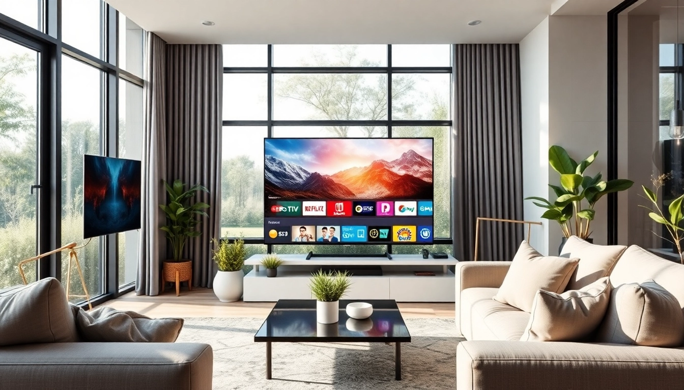 Iptv Anbieter Erfahrung durch ein modernes Wohnzimmer mit einem großen Bildschirm und hellem Licht.