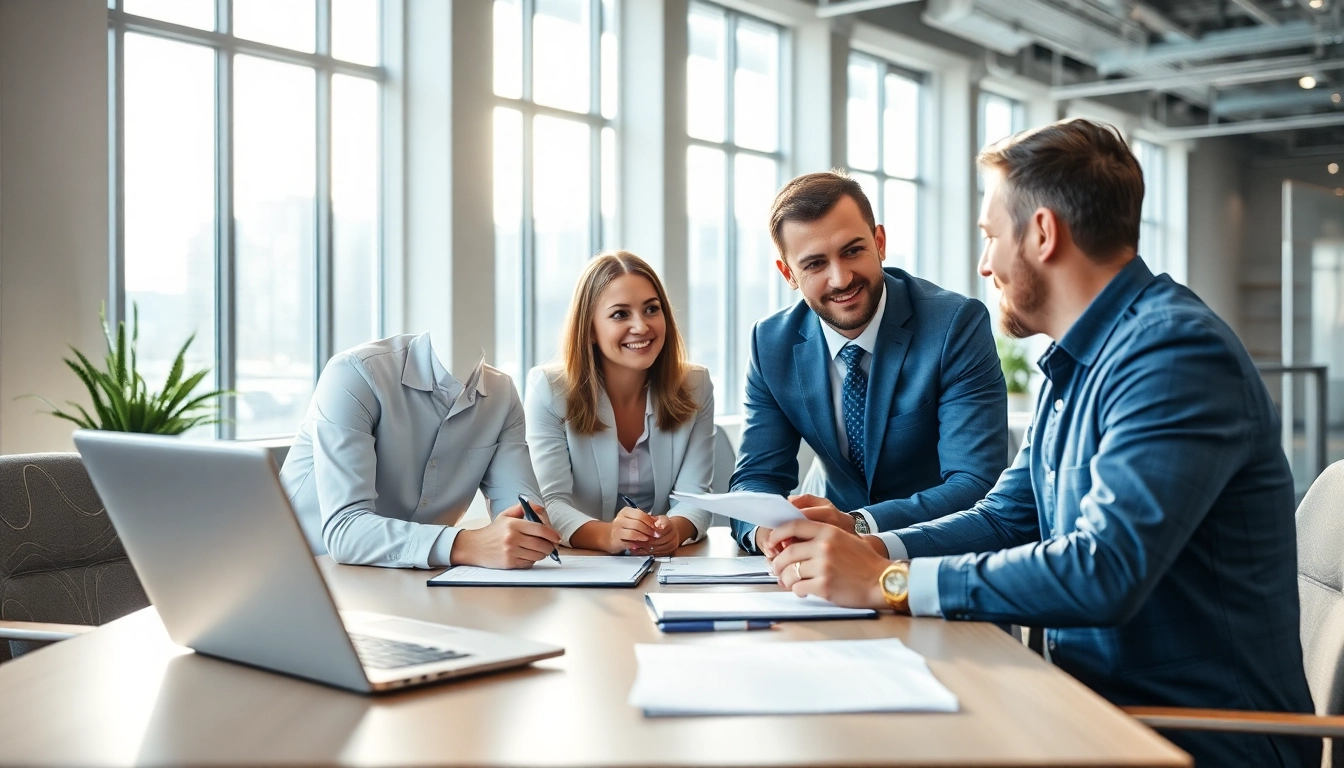 Headhunter Ingenieure in einem modernen Büro, die mit einem Kandidaten interagieren.
