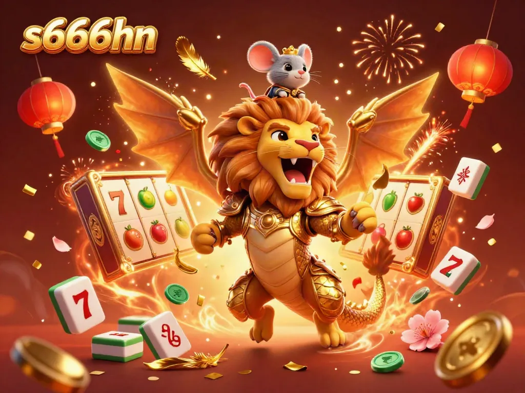 Engage in exciting slots at s666hn with a golden chimera and festive decorations.
