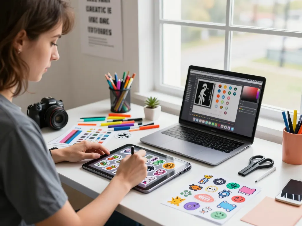 Sticker erstellen in a creative workspace with graphic designer at a vibrant desk, colorful samples and artistic tools.