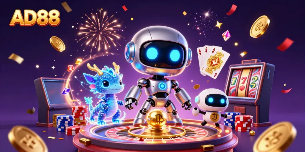 Engage aesthetically in the AD88 online casino adventure with 3D characters, vibrant elements, and dynamic gaming features.