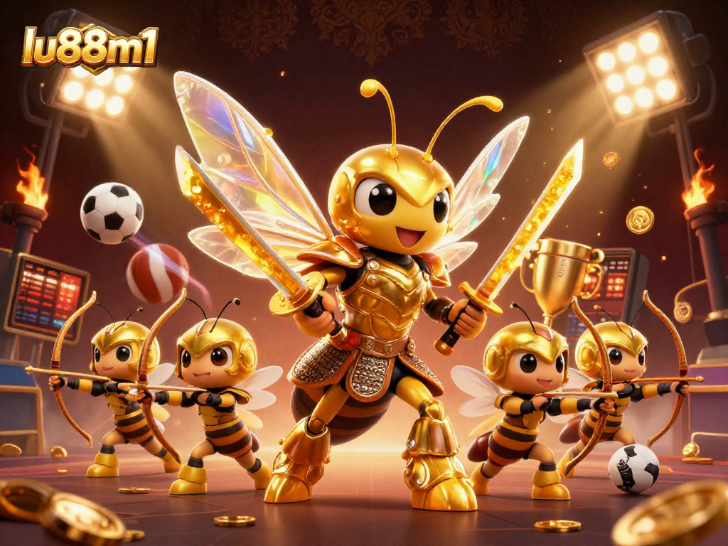 Experience the excitement of gambling with lu88m1's vibrant online casino scene filled with gold coins and dynamic sports action.