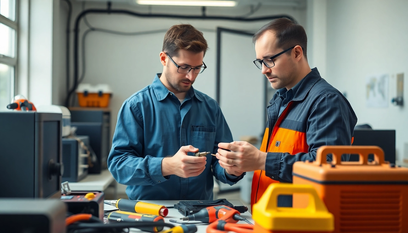 Technician prüft der ortsveränderlichen elektrischen Betriebsmittel in einem Büro mit verschiedenen Geräten.