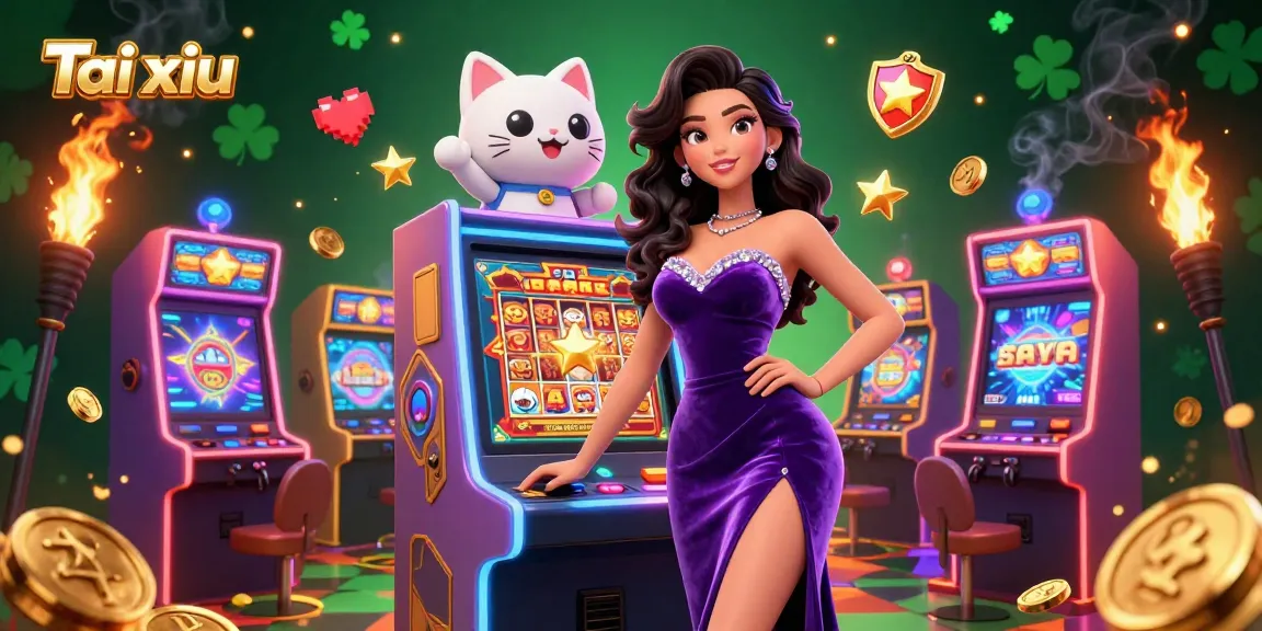 Engage with Tai xiu gameplay, depicted by a glamorous woman beside a jackpot slot machine and a waving fortune cat mascot.