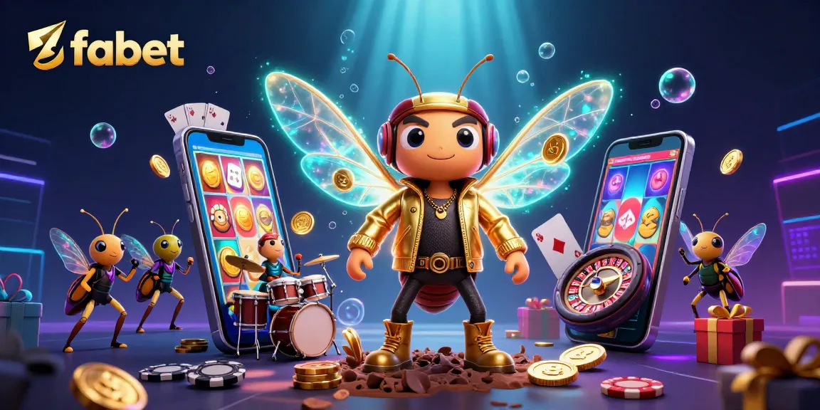 Engage with fabet's vibrant 3D casino universe showcasing a rock star and a beetle drummer among slot games and coins.