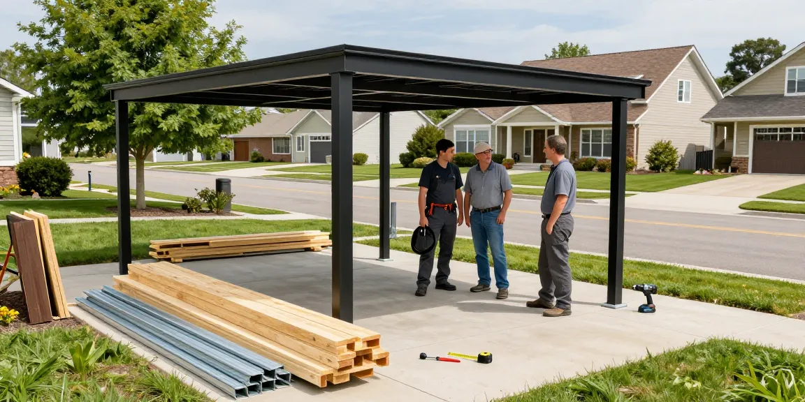 Moderne Carport-Installation in einem Wohnviertel mit Handwerkern und Werkzeugen.