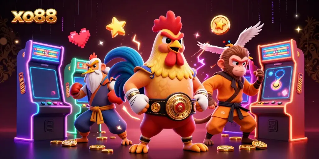 Experience thrilling gaming at xo88 with a dynamic 3D illustration showcasing vibrant characters and game elements.