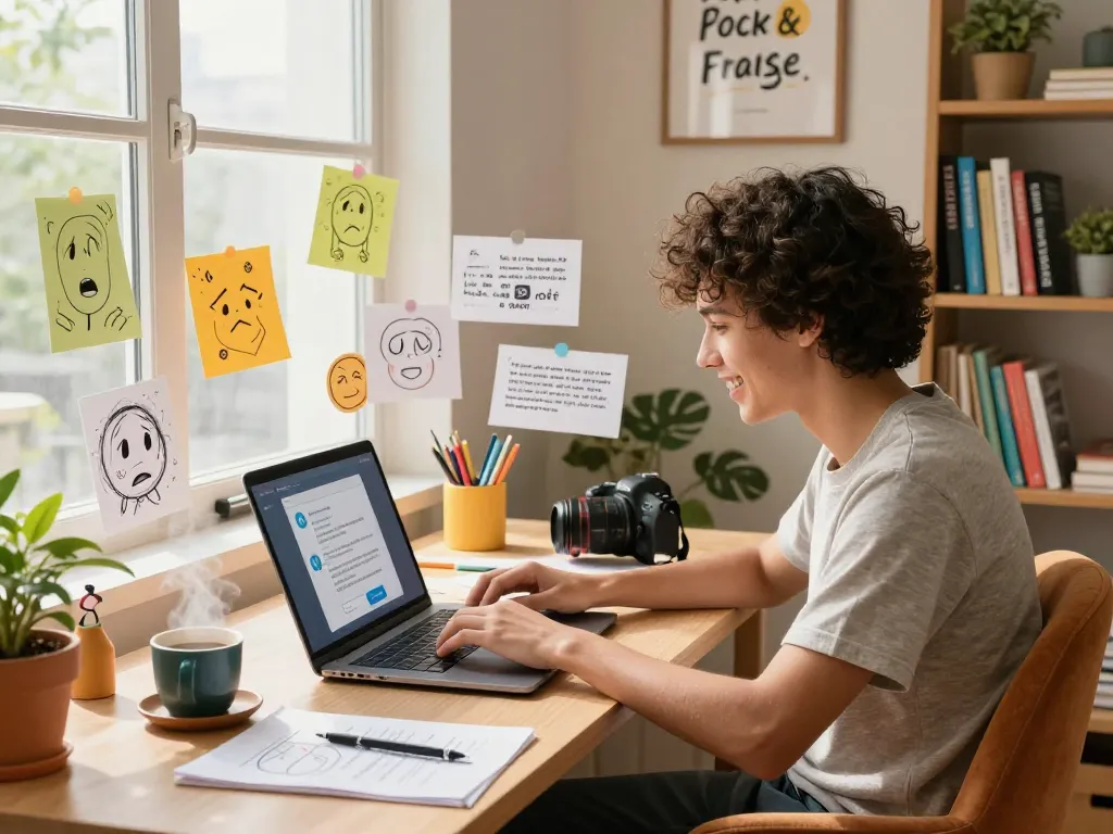 Young adult engaging in sexting AI conversation in a vibrant home office.