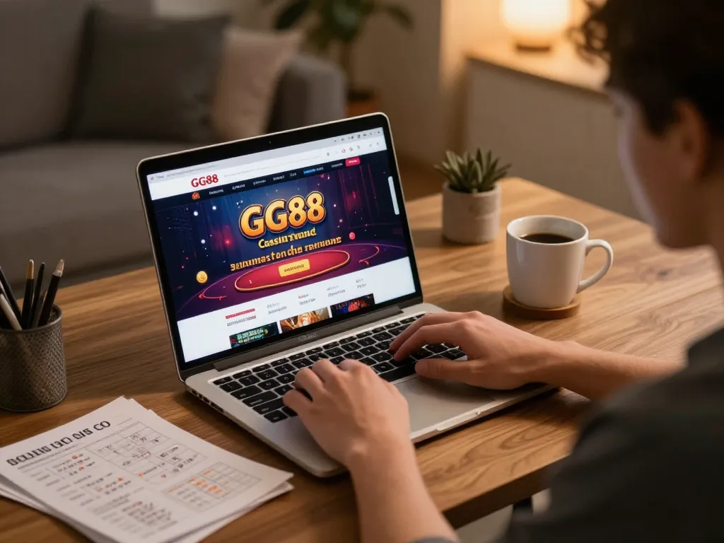 Experience thrilling gameplay at GG88 with a cozy home setup showcasing online gambling excitement.