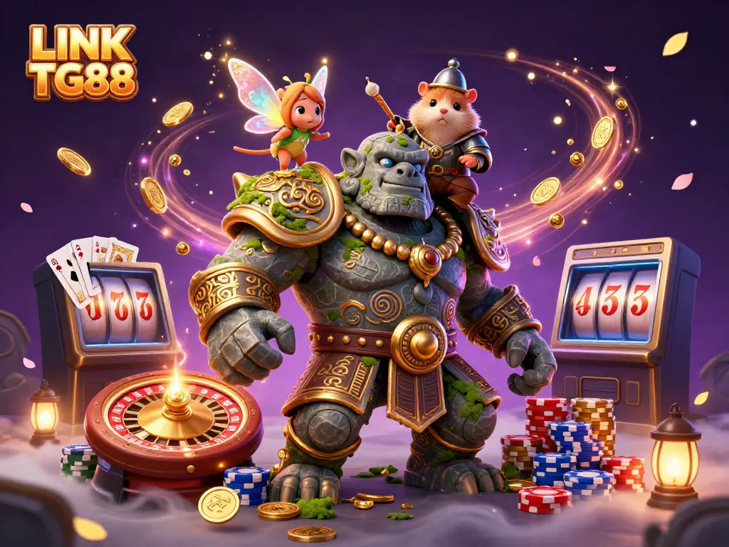 Experience the magic of LINK TG88 with a vibrant animated casino scene featuring floating coins and cards