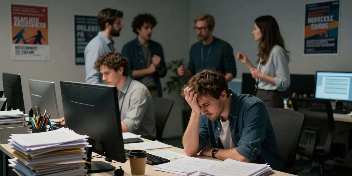 Die Auswirkung einer schlechten Arbeitskultur: Überforderte Mitarbeiter in einem unordentlichen Büro.