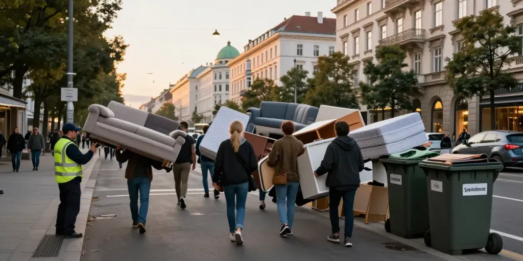 Sperrmüllabholung Wien: Menschen bringen Möbel zur Abholung in eine Abfallstation.