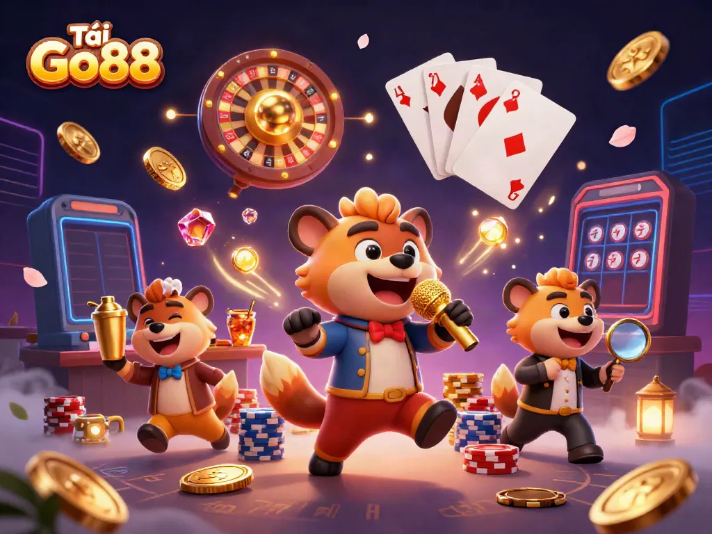 Engaging illustration of Tải Go88 scene with hyena characters entertaining in a vibrant casino