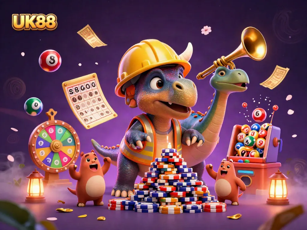 Celebrate wins with dynamic UK88 lottery action featuring festive characters and gaming elements.