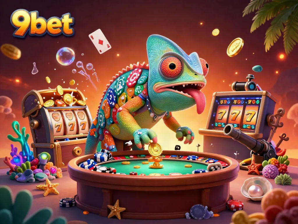 Experience the vibrant online gaming world at 9bet with colorful characters and thrilling casino elements.