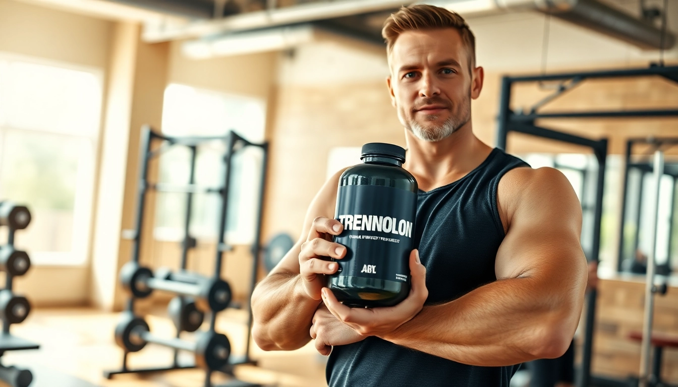 Trenbolon kaufen - Fitness coach with Trenbolon bottle in gym setting.