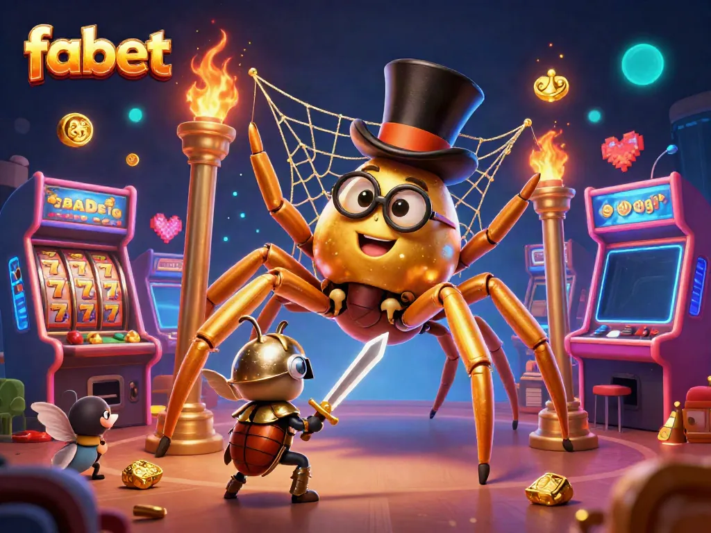 Experience thrilling wins at fabet with a giant golden tarantula crafting a golden web in an arcade casino scene.