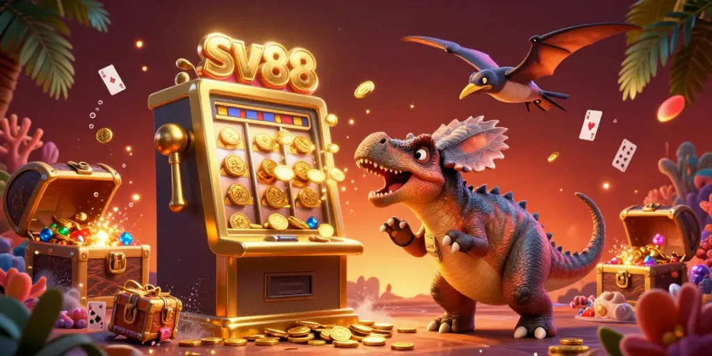 Engaging scene illustrating sv88 as a pachycephalosaurus wins jackpots while a stressed ankylosaur manager reacts.