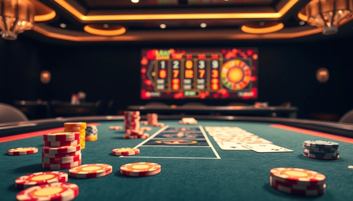 Erlebe aufregenden Casinospielspaß online mit bunten Chips und lebhaften Karten am Tisch.