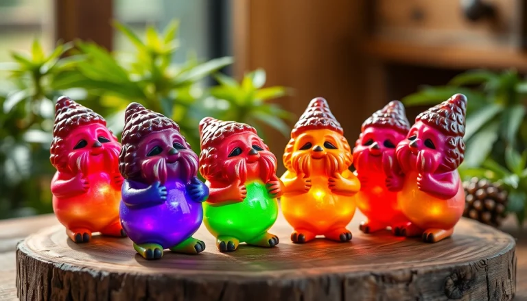 Verkosten Sie köstliche cannabis gummibärchen in verschiedenen Farben und Formen auf einem stilvollen Holztablett.