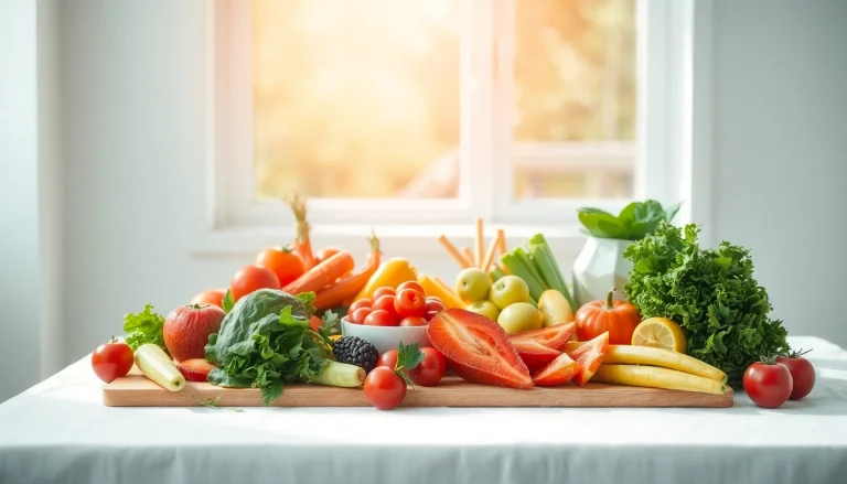 Gesunde Mahlzeit zur Förderung des Gewichtsverlusts mit frischen Früchten und Gemüse auf einem Teller.