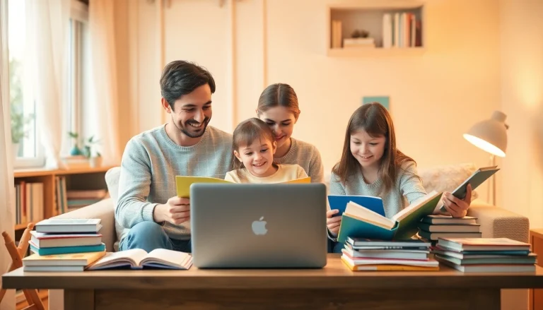 Familie am Tisch beim Heimunterricht mit Büchern und Laptop für interaktives Lernen.