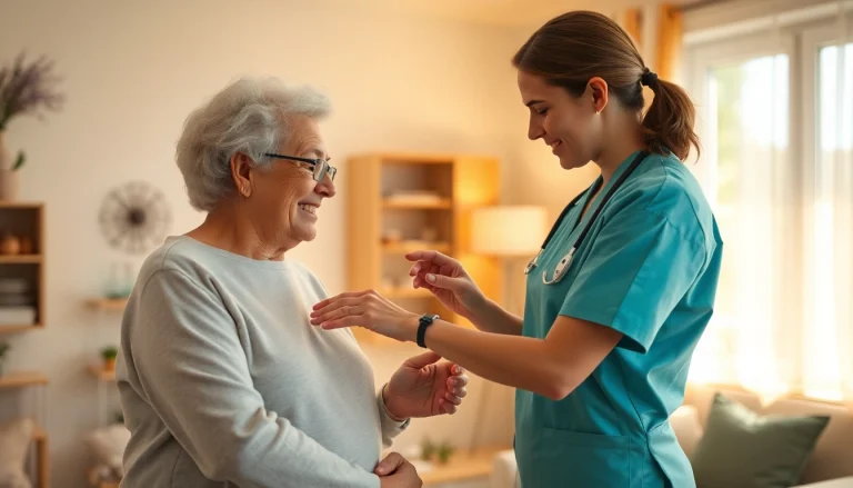 Pflegedienst-Szene: Pflegekraft hilft älterer Person in einladendem Zuhause.