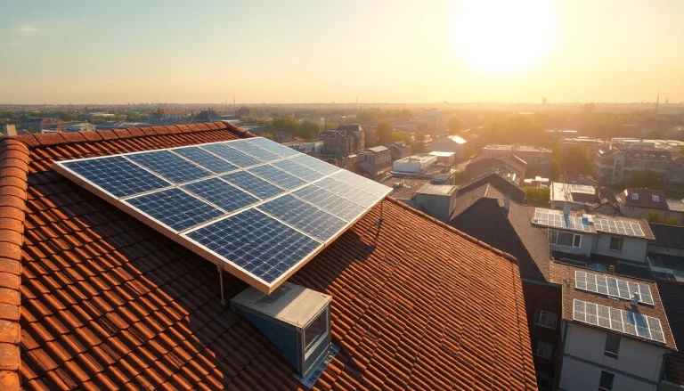 Visualisierung eines Photovoltaik Investments mit modernen Solarpanels auf Stadt-Dächern, die nachhaltige Energieerzeugung symbolisieren.