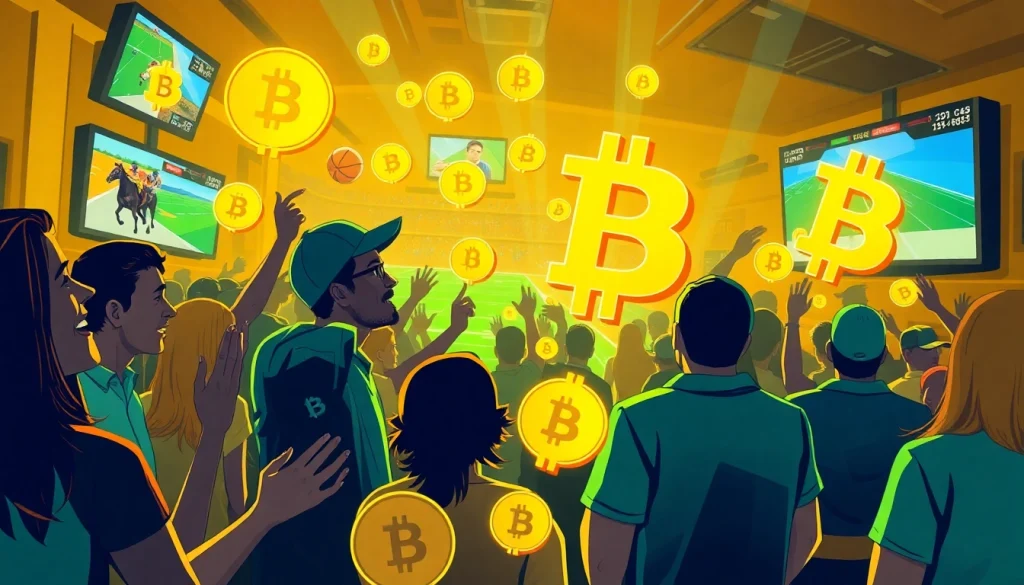 Excited fans engage in sports betting with bitcoin, showcasing a vibrant atmosphere in a sports bar.