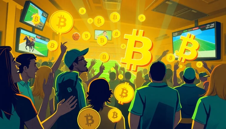 Excited fans engage in sports betting with bitcoin, showcasing a vibrant atmosphere in a sports bar.