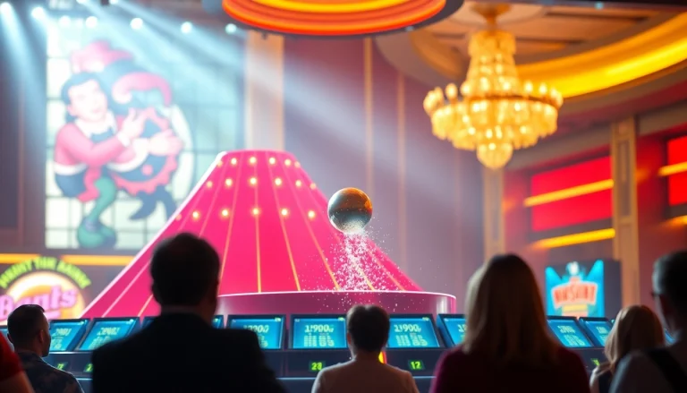 Erleben Sie das aufregende Plinko-Spiel mit einer Kugel, die durch eine Stiftpyramide fällt, während Spieler gebannt zuschauen.