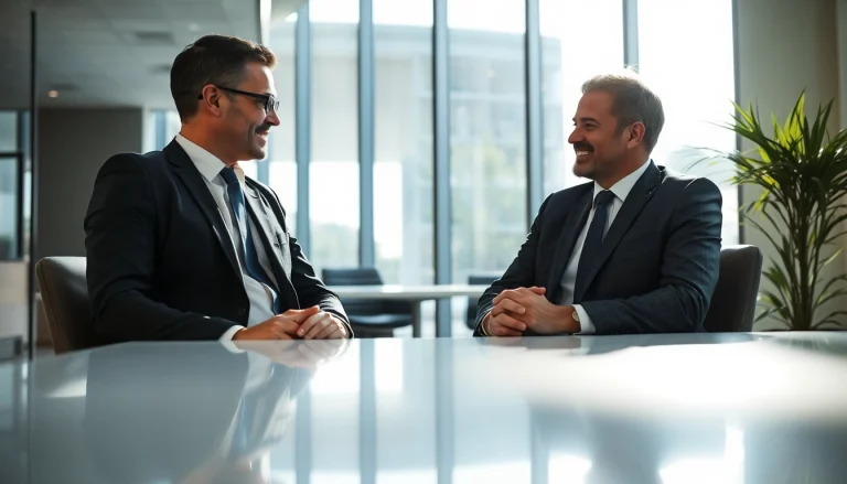 Headhunter Hannover führt freundlich ein Gespräch mit einem talentierten Bewerber in modernem Büro.