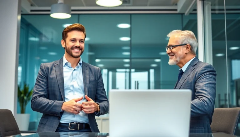 Headhunter Nürnberg führt erfolgreich ein Gespräch mit einem zufriedenen Kunden im modernen Büro.