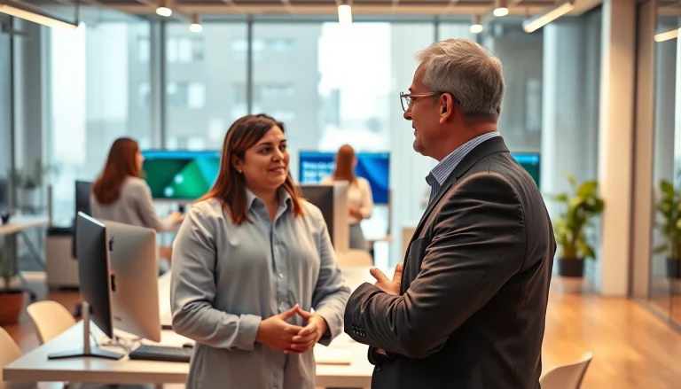 Personalvermittlung: Berater unterstützt aktiv einen Kandidaten bei der Jobsuche in einer modernen Büroumgebung.